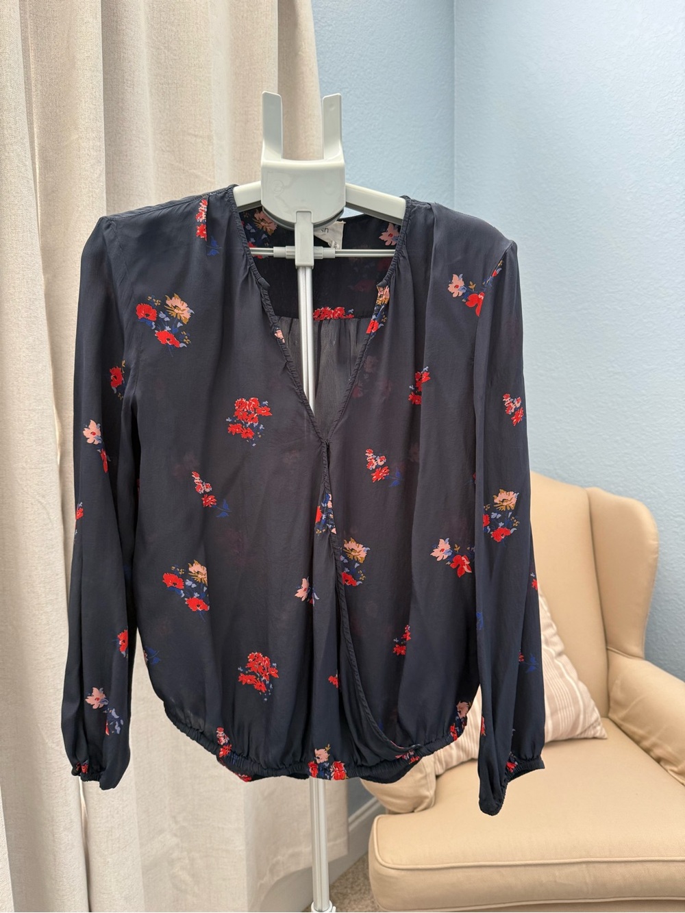 ba&sh Navy Floral V-Neck Long Sleeve Carly Nuit Lady Top Blouse Sz 3 L
